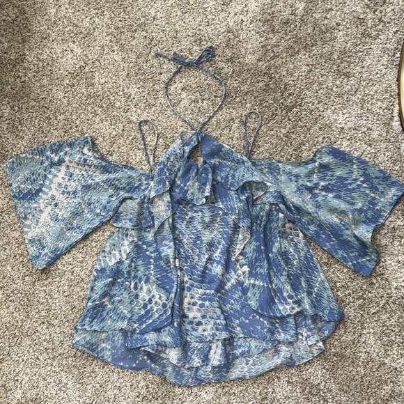 Scale Print Flowy Ruffle Halter Tie Blouse Top - Picture 2 of 8